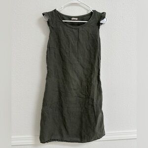 LINA TOMEI Olive Green 100% linen Mini Shift Dress S
